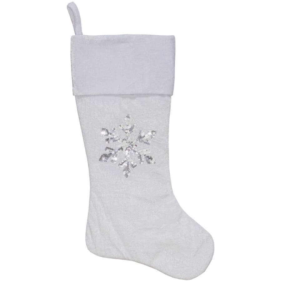 20" White Velvet Stocking with Sequin Snowflake