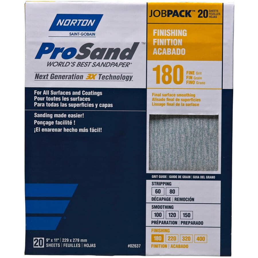 ProSand 180 Grit Premium Aluminum Oxide Sandpaper - 9" x 11", 20 Pack