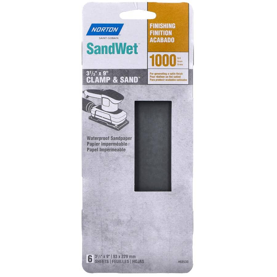 SandWet 1000 Grit Aluminum Oxide Sandpaper - 3-2/3" x 9", 6 Pack