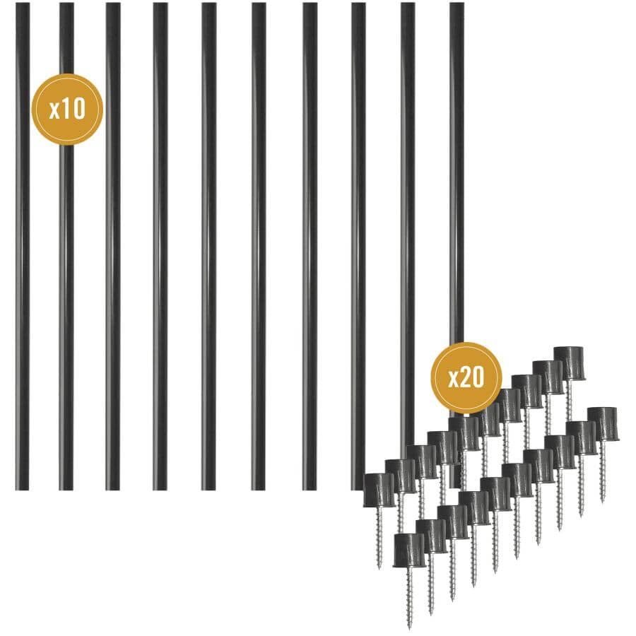 36" Round Black Steel Balusters with Connectors - 10 Pack