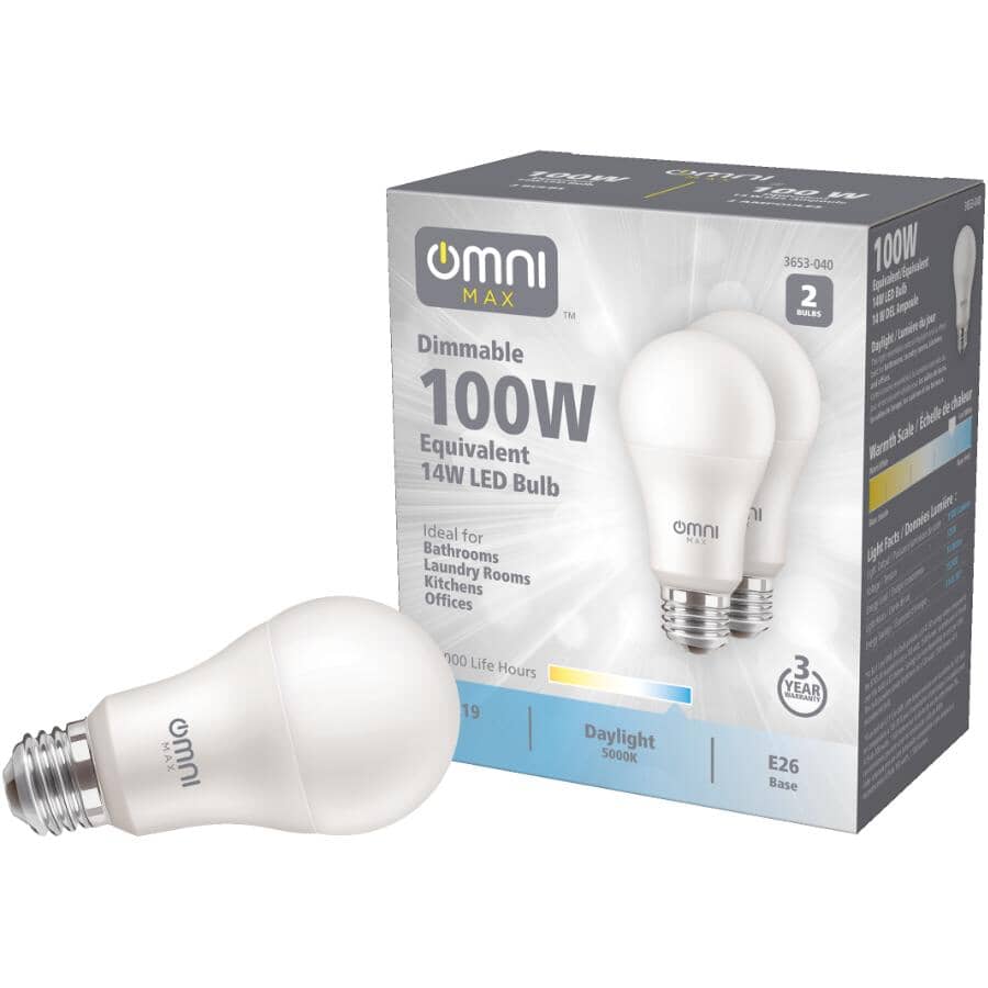14W A19 Medium Base Daylight Dimmable LED Light Bulbs - 2 Pack