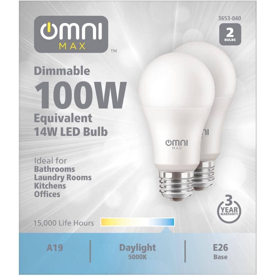 14W A19 Medium Base Daylight Dimmable LED Light Bulbs - 2 Pack