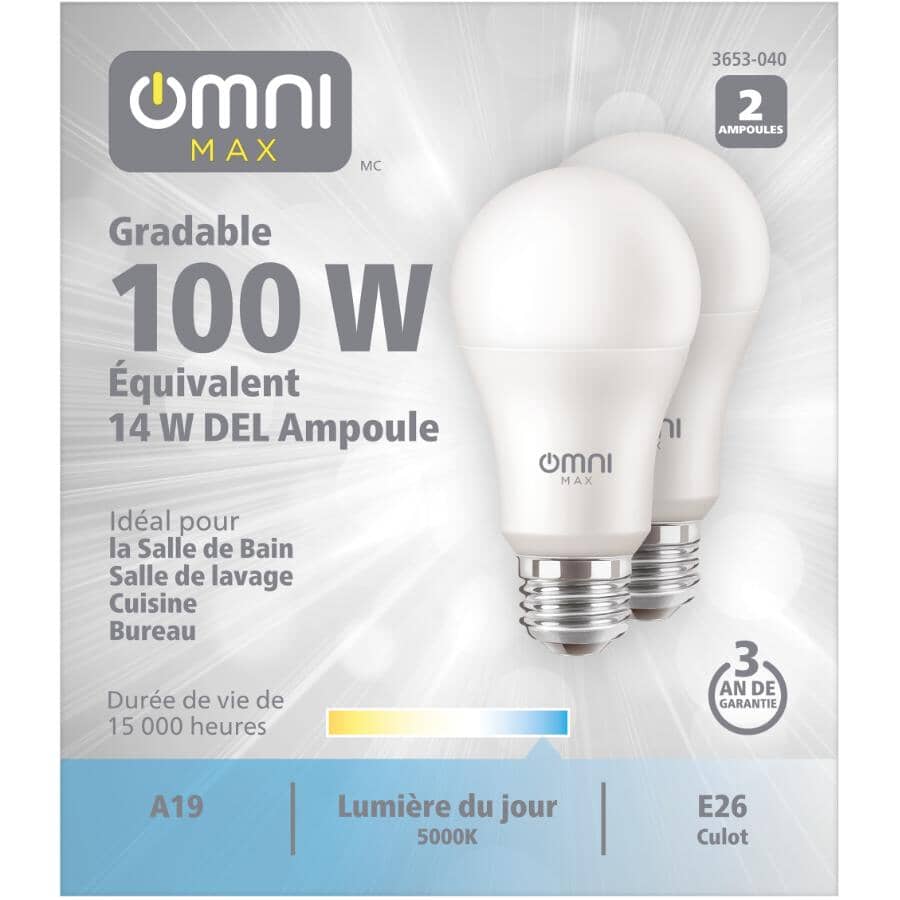 14W A19 Medium Base Daylight Dimmable LED Light Bulbs - 2 Pack