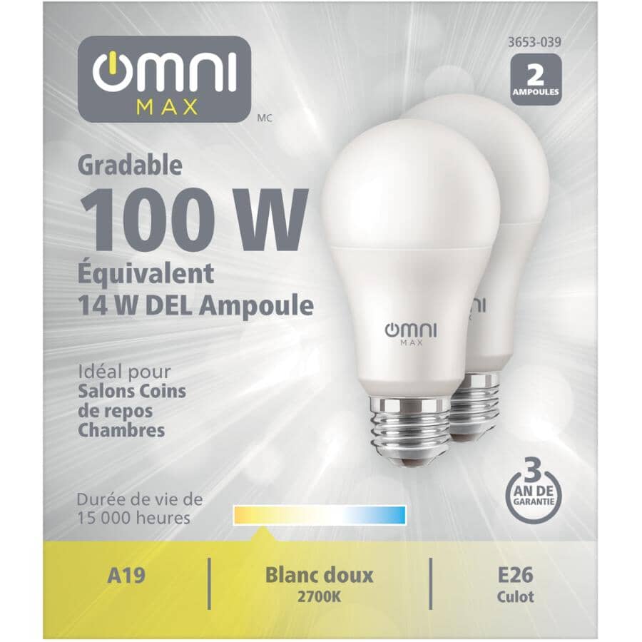 14W A19 Medium Base Soft White Dimmable LED Light Bulbs - 2 Pack