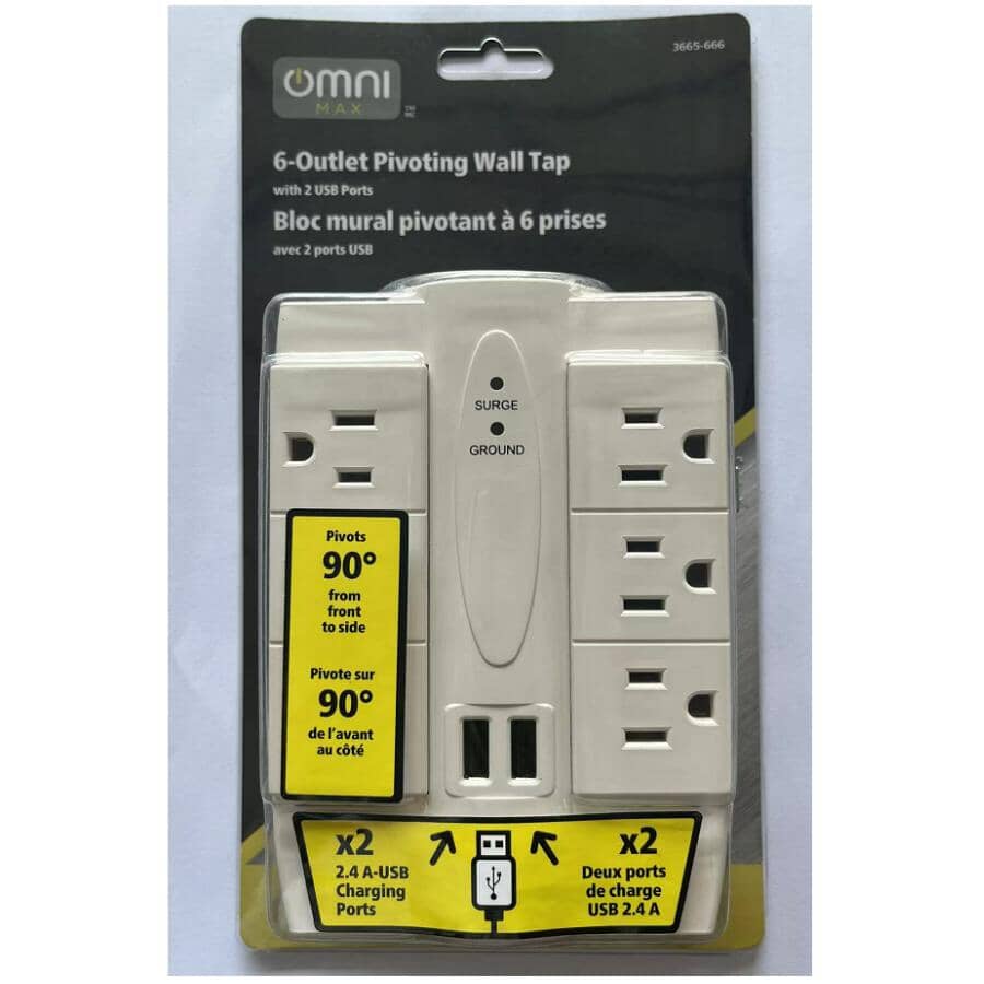 Pivoting 6 Outlet Wall Tap with Surge Protection and USB Ports