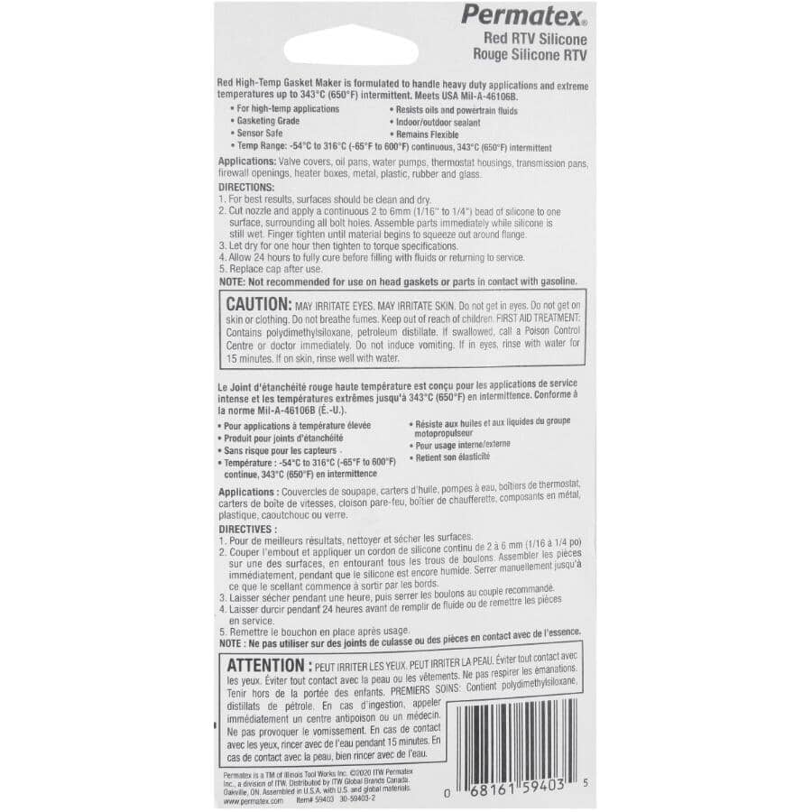 High-Temp Red RTV Silicone Gasket Maker - 80 ml