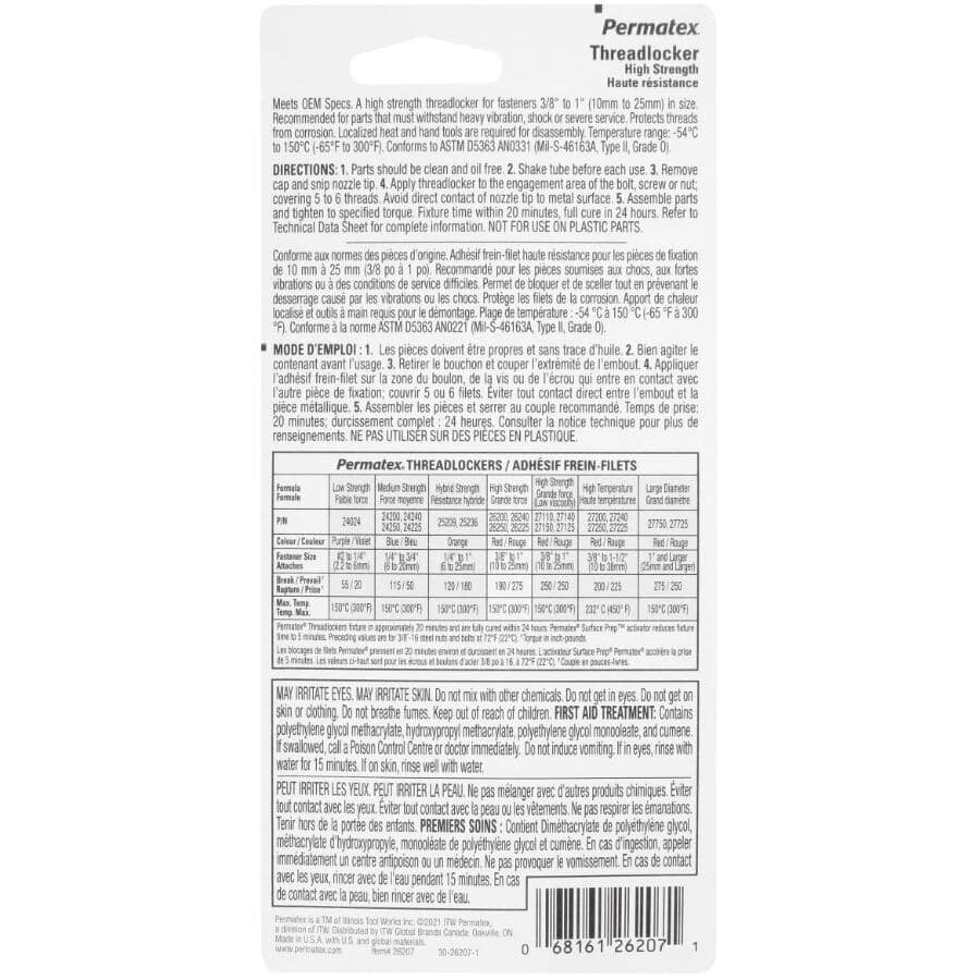 High Strength Threadlocker - Red, 6 ml