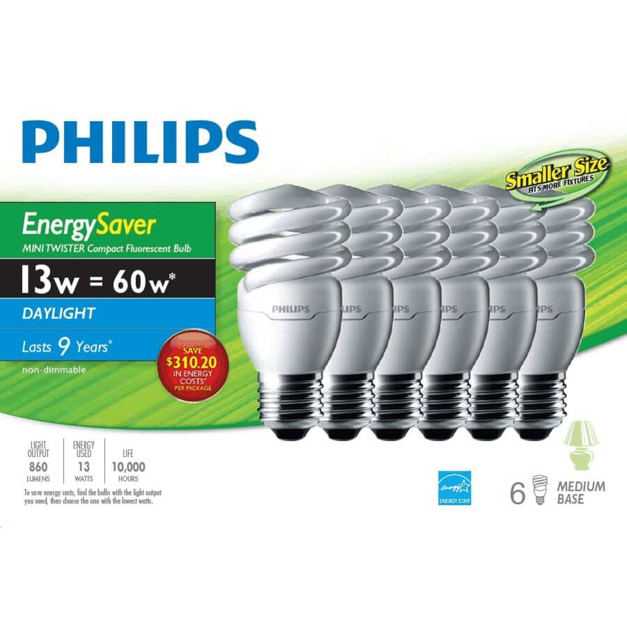 13W Medium Base Daylight Mini Twister CFL Bulbs - 6 Pack