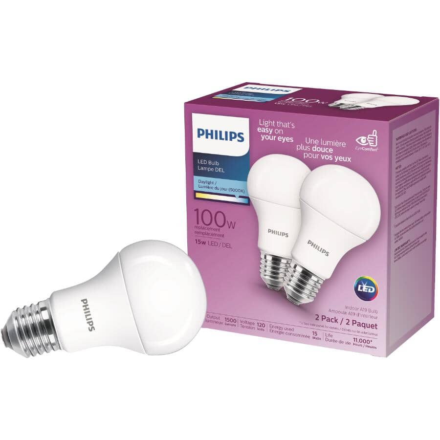 15W A19 Medium Base Daylight LED Light Bulbs - 2 Pack