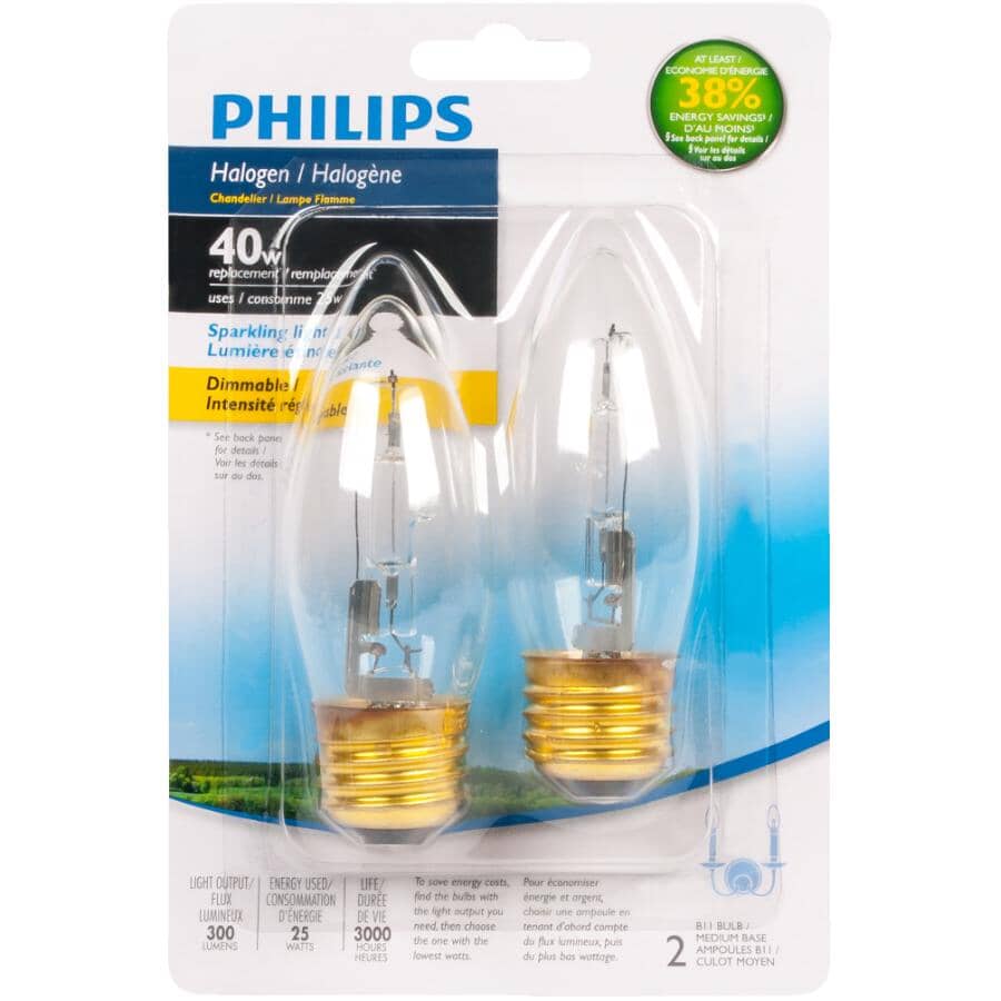 25W B11 Medium Base Clear Dimmable Halogen Light Bulbs - 2 Pack