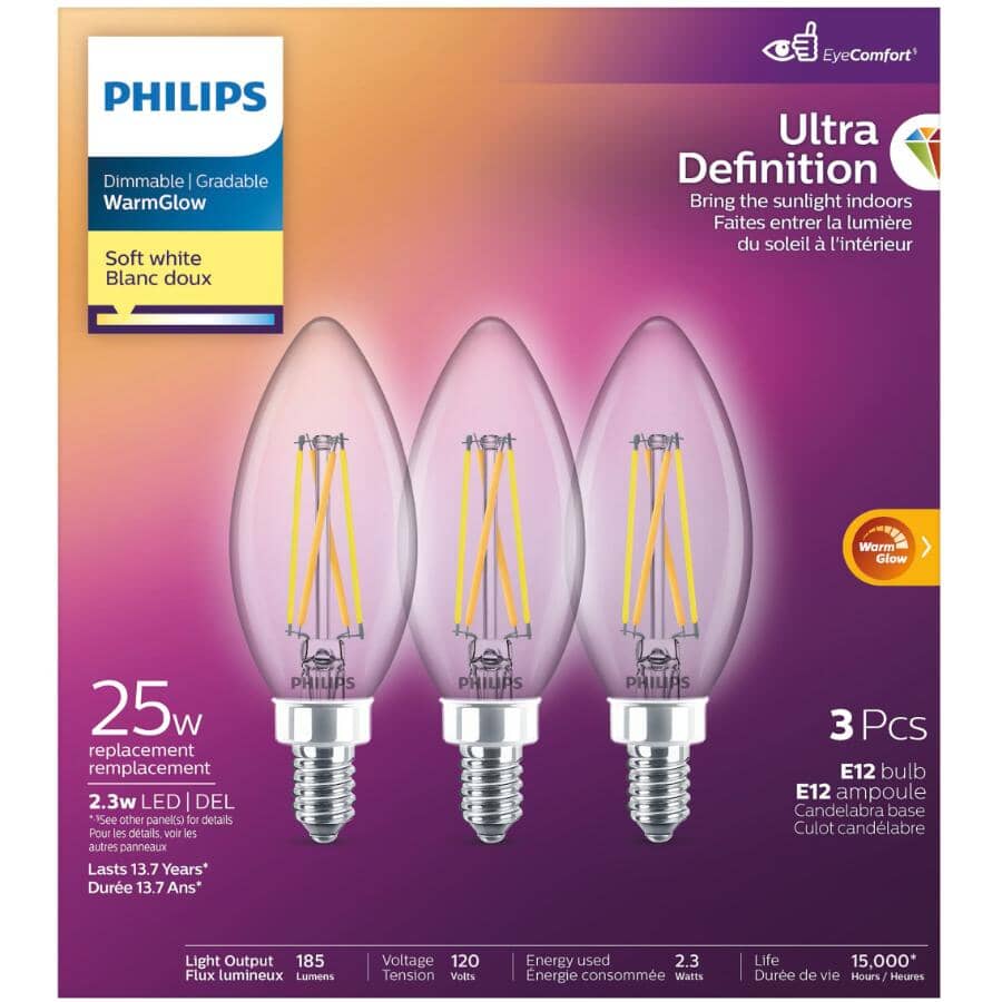 2W B11 Candelabra Base Soft White Warm Glow Dimmable LED Light Bulbs - 3 Pack