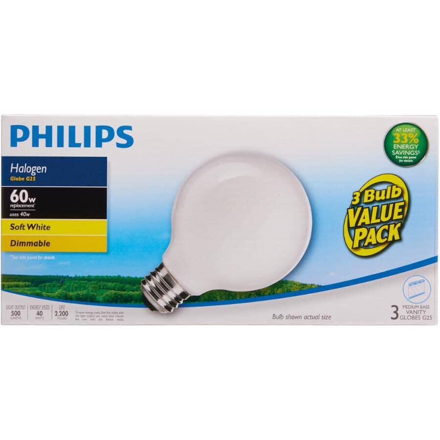 40W G25 Medium Base Soft White Dimmable Halogen Light Bulbs - 3 Pack
