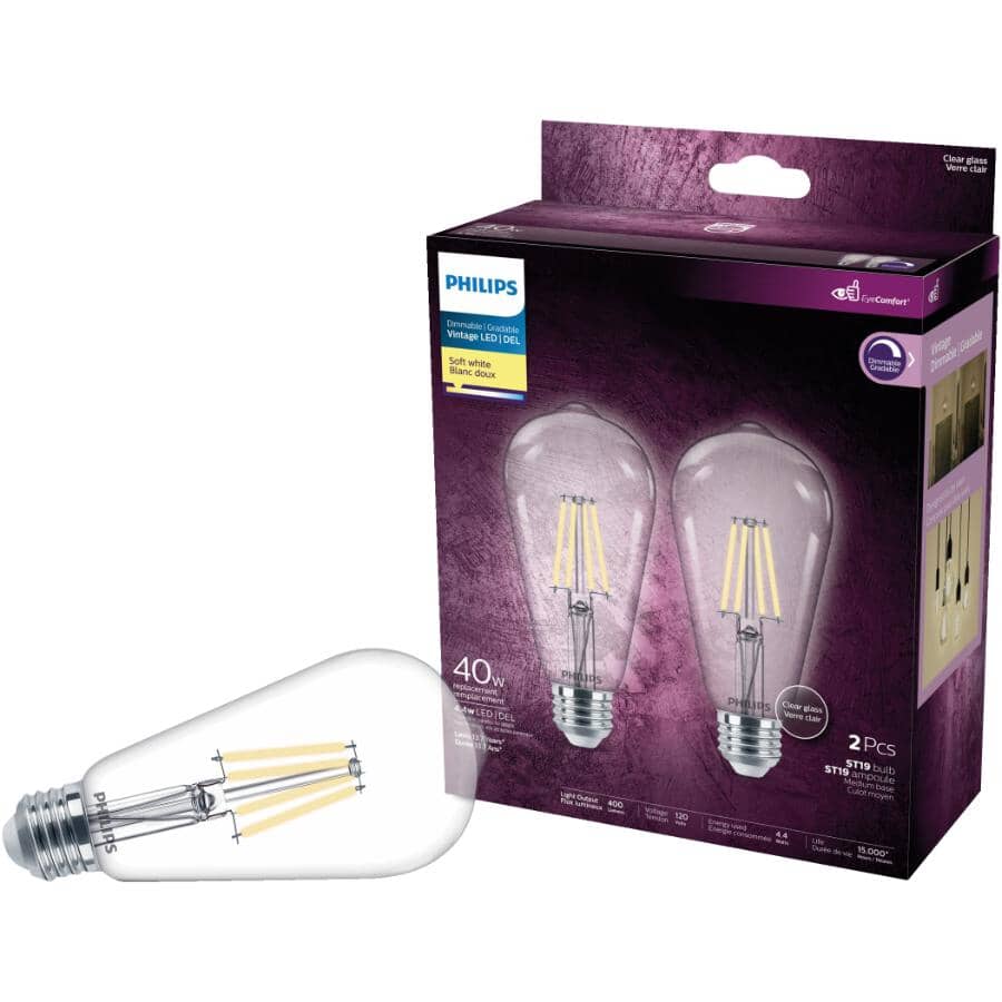 4.5W ST19 Medium Base Soft White LED Light Bulbs - Clear Glass, 2 Pack