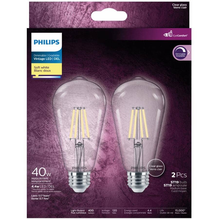 4.5W ST19 Medium Base Soft White LED Light Bulbs - Clear Glass, 2 Pack