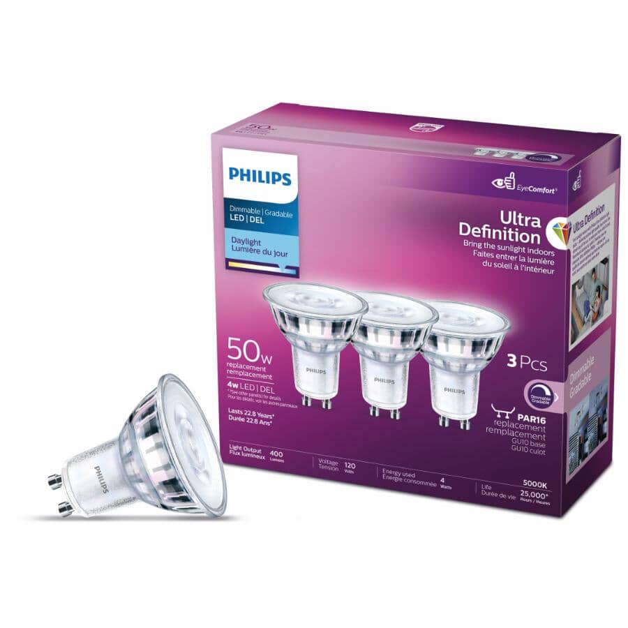 4W PAR16 GU10 Base Daylight Ultra Definition Dimmable LED Light Bulb - 3 Pack