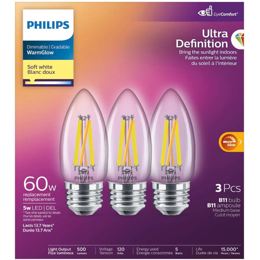5W B11 Medium Base Soft White Warm Glow Dimmable LED Light Bulbs - 3 Pack