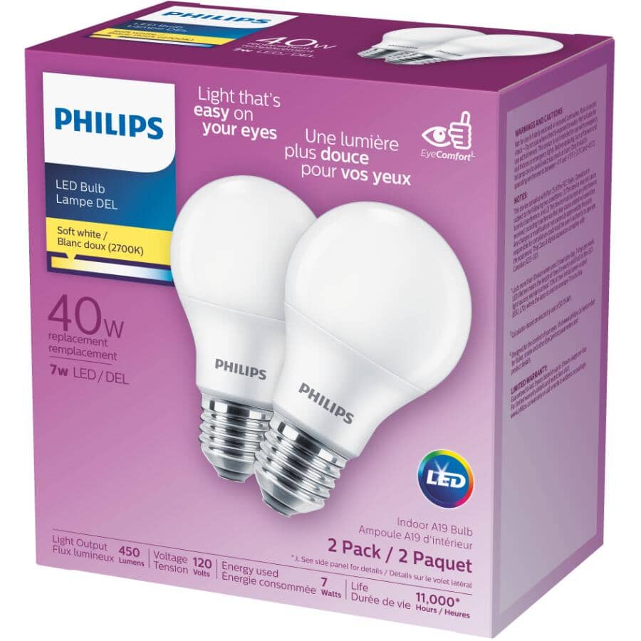 7W A19 Medium Base Soft White LED Light Bulbs - 2 Pack