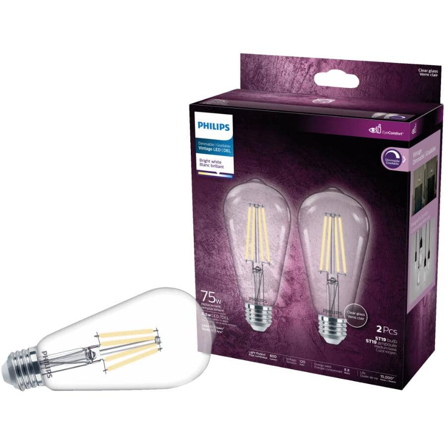 8.8W ST19 Medium Base Bright White LED Light Bulbs - Clear Glass, 2 Pack