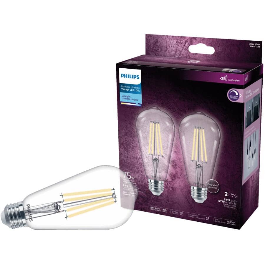 8.8W ST19 Medium Base Daylight LED Light Bulbs - Clear Glass, 2 Pack