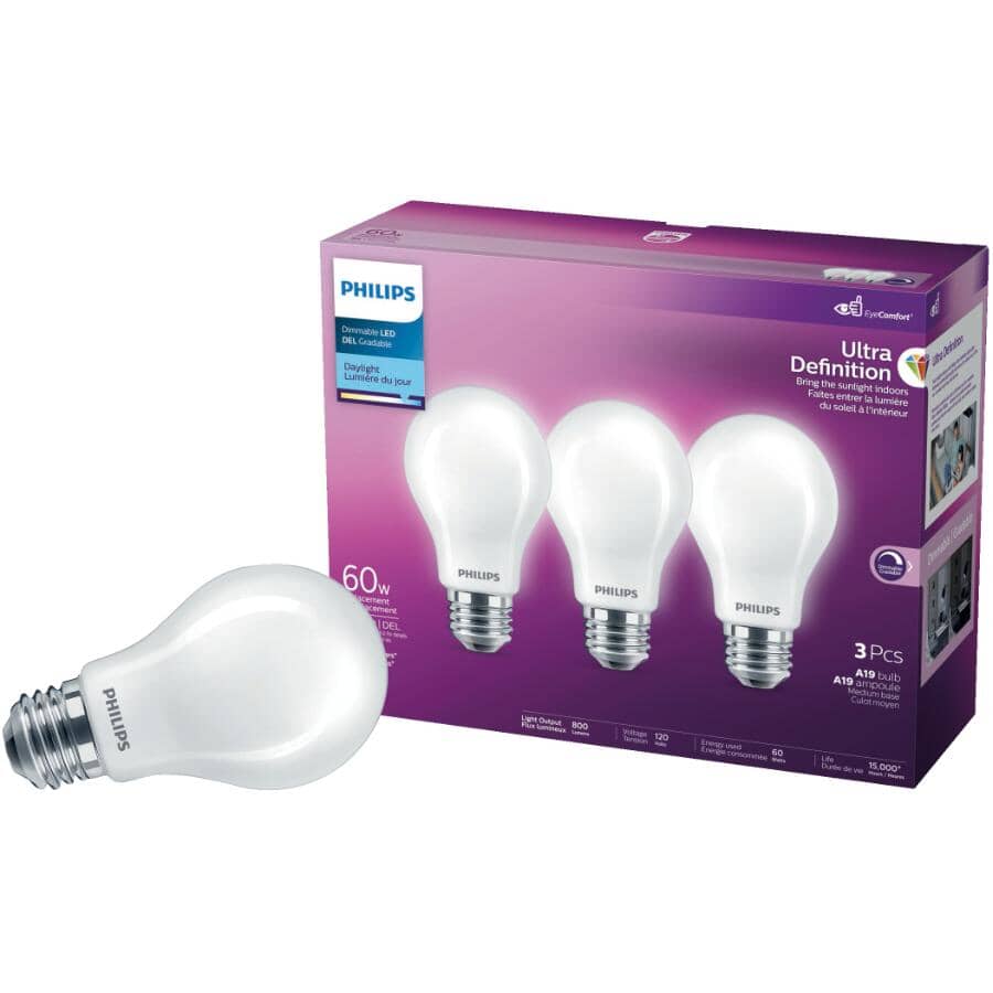 8W A19 Medium Base Daylight Dimmable LED Light Bulbs - 3 Pack