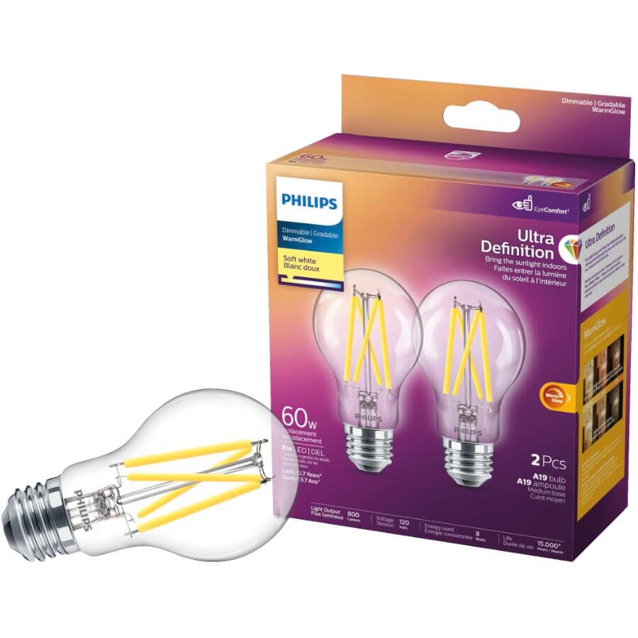 8W A19 Medium Base Soft White Warm Glow Dimmable LED Light Bulbs - 2 Pack