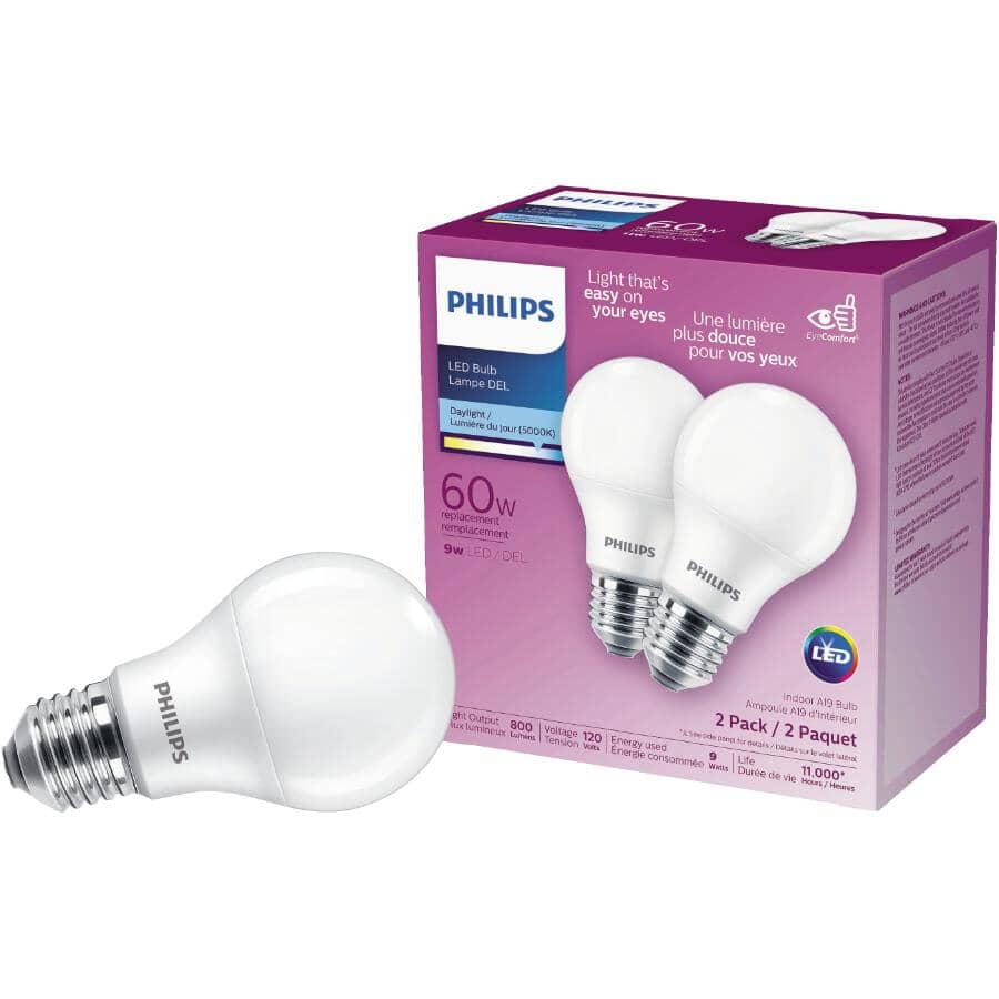 9W A19 Medium Base Daylight LED Light Bulbs - 2 Pack