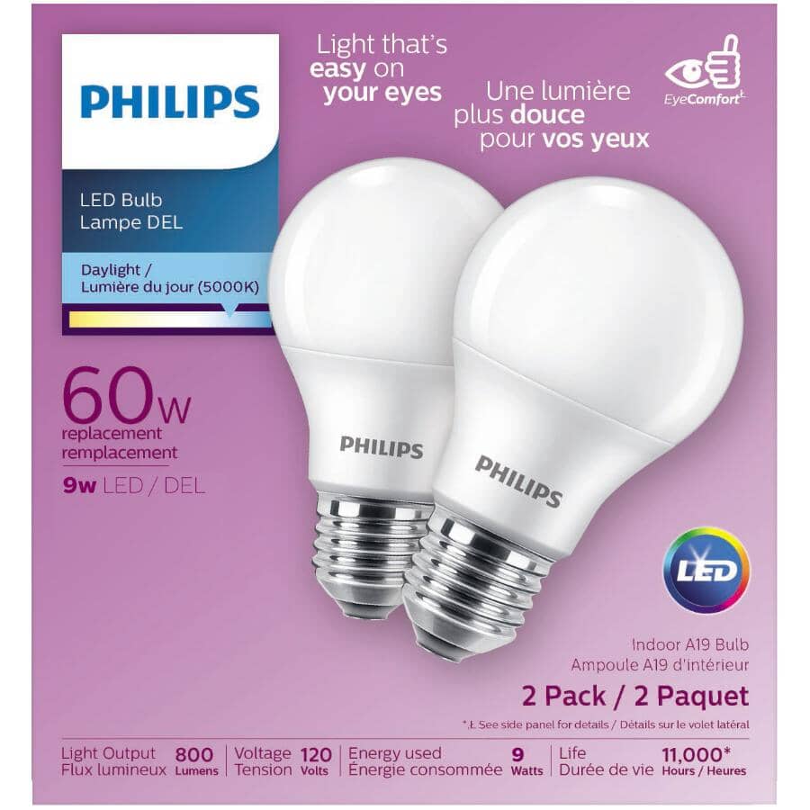 9W A19 Medium Base Daylight LED Light Bulbs - 2 Pack