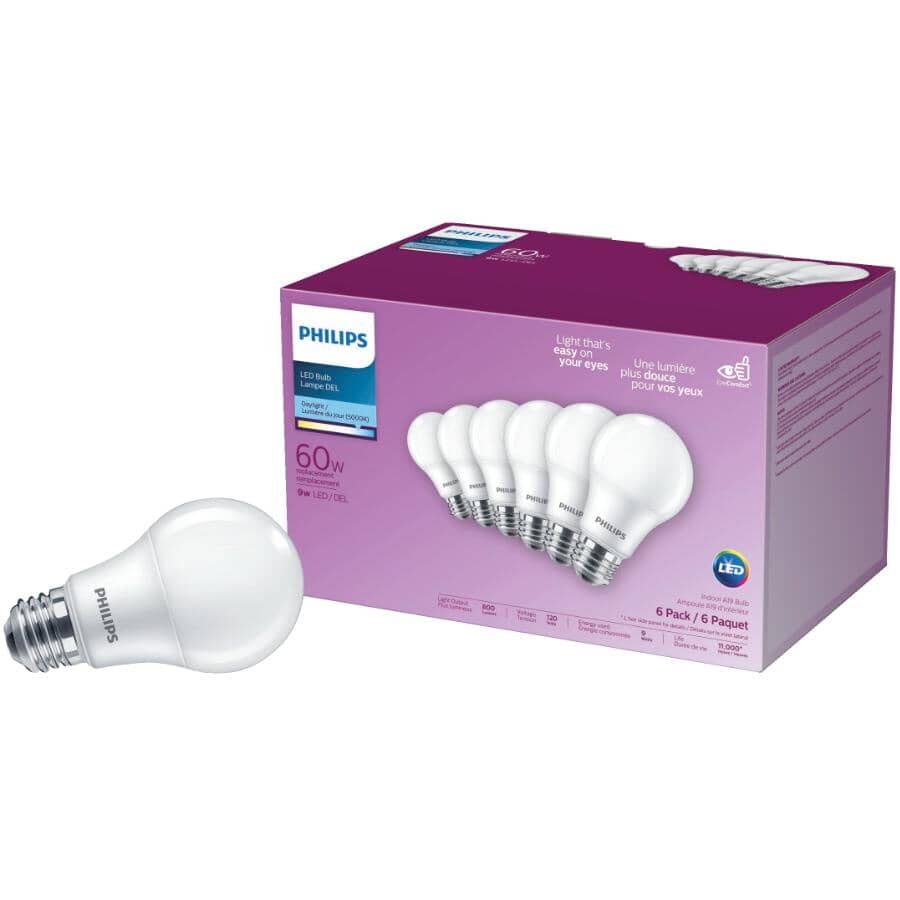 9W A19 Medium Base Daylight LED Light Bulbs Non-Dimmable - 6 Pack