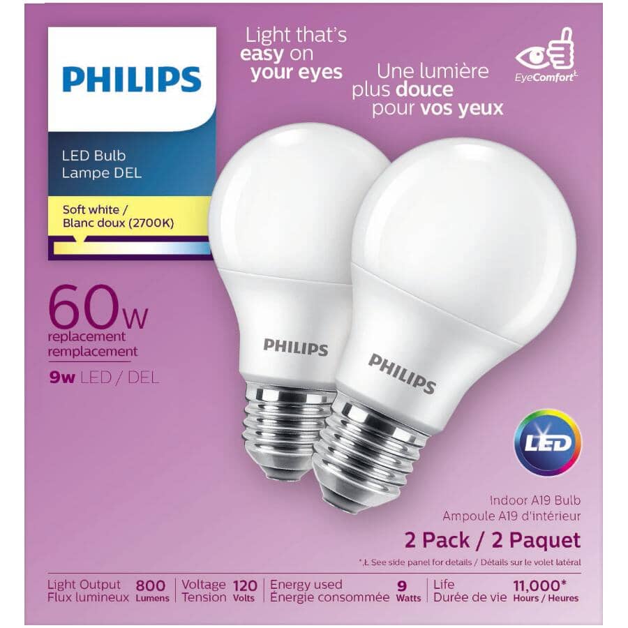 9W A19 Medium Base Soft White LED Light Bulbs - 2 Pack