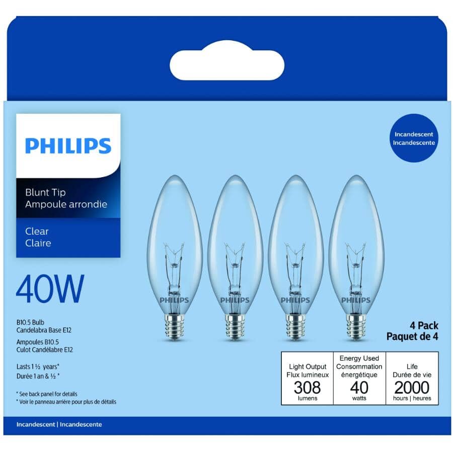 DuraMax 40W B10 Candelabra Base Clear Chandelier Light Bulbs - 4 Pack