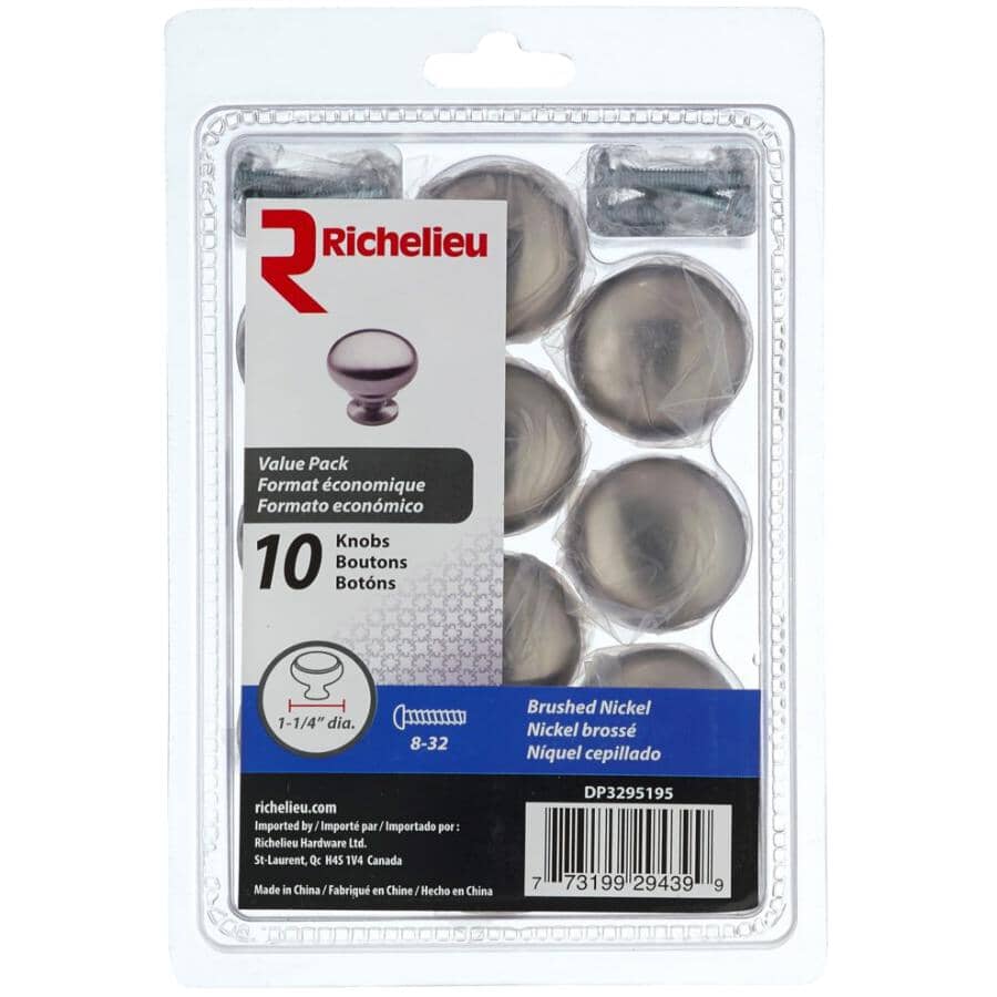 1-1/4" Contemporary Cabinet Knobs - Brushed Nickel, 10 Pack
