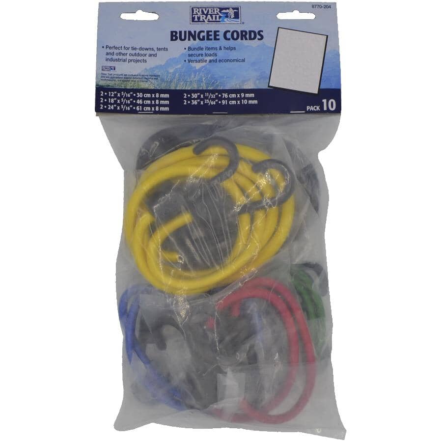 Bungee Cords - Assorted Sizes + Colours, 10 Piece