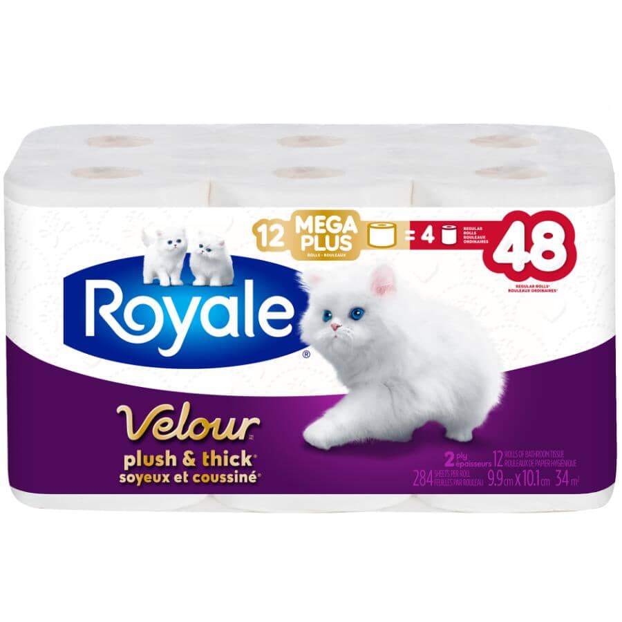 2 Ply Mega Plus Velour Toilet Paper - 284 Sheets, 12 Rolls