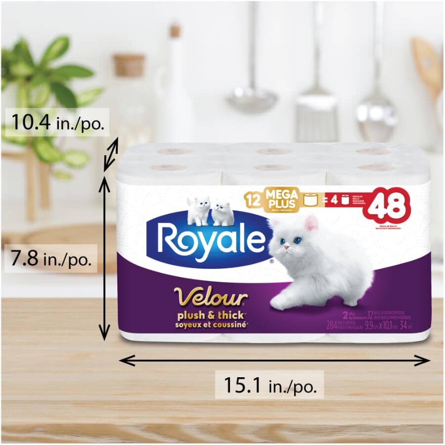 2 Ply Mega Plus Velour Toilet Paper - 284 Sheets, 12 Rolls