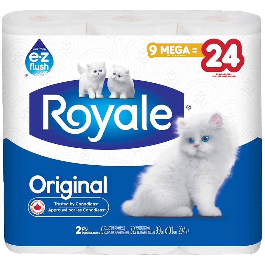 2 Ply Mega Toilet Paper - 327 Sheets, 9 Rolls