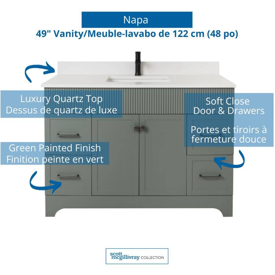 49" W x 22" D Napa Vanity with Cultured Marble Top - 2 Doors + 4 Drawers, Green