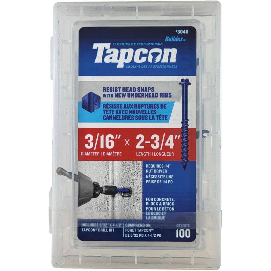 100 Pack 3/16" x 2-3/4" Hex Head Concrete Screws, with Drill Bit