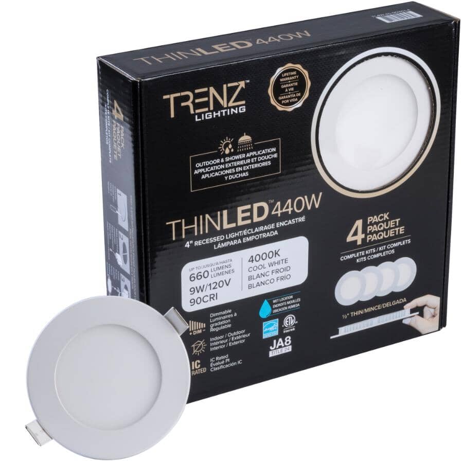 ThinLED 4" Slim Recessed LED Pot Lights - Cool White, 9W, 4 Pack