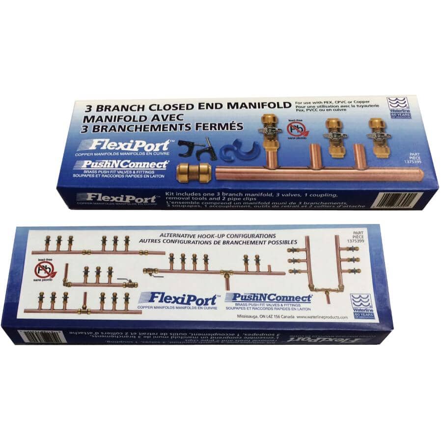 3/4" Push Fit Inlet x 1/2" Push Fit Push 'N' Connect 3 Branch Closed End Manifold with Valves