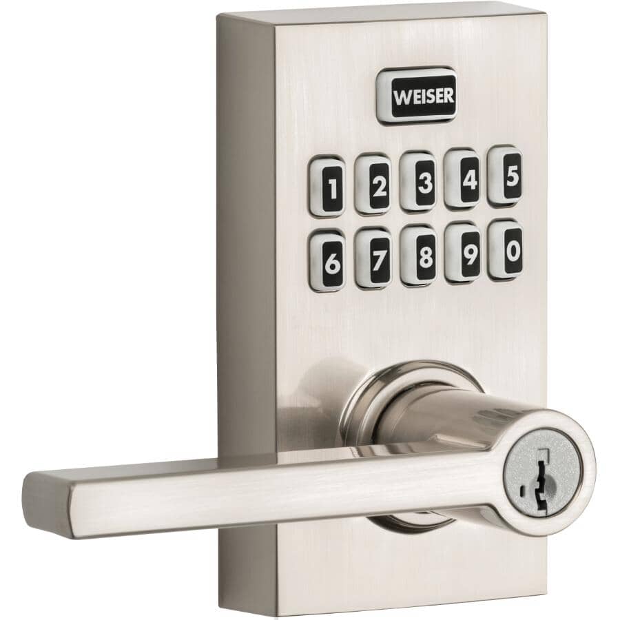Smartcode Electronic Entrance Leverset – Satin Nickel, Keyless Entry + Keypad and SmartKey Technology