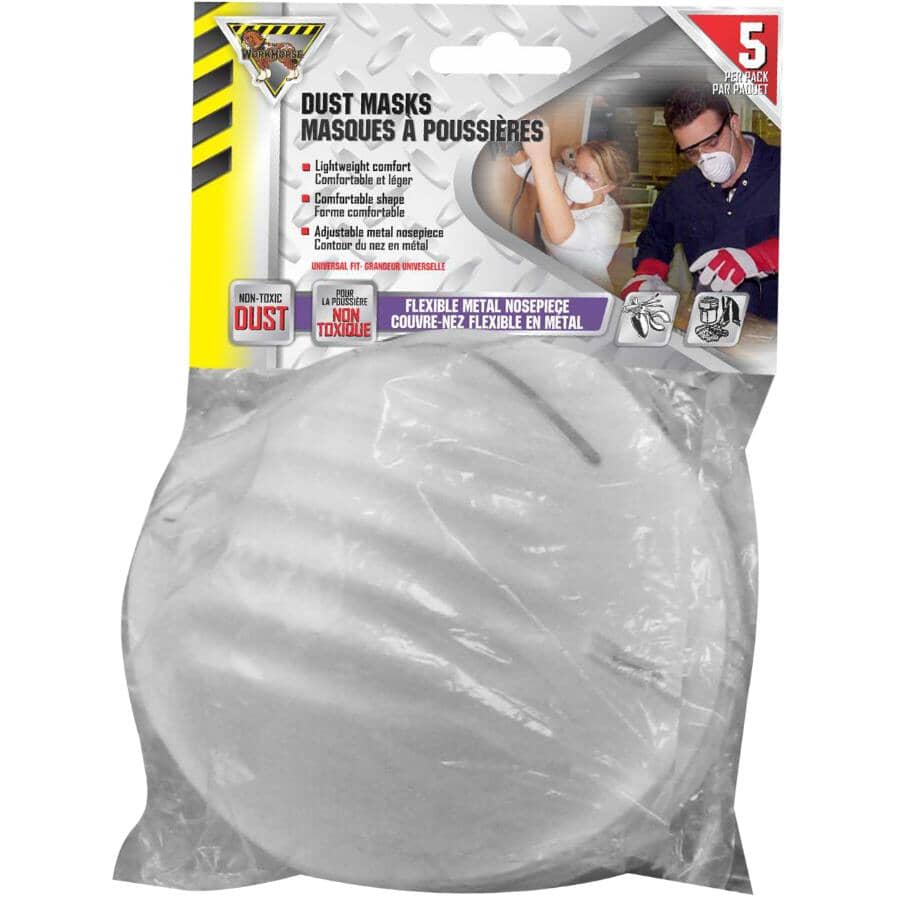 Disposable Dust Face Masks - with Flexible Nose Piece, 5 Pack